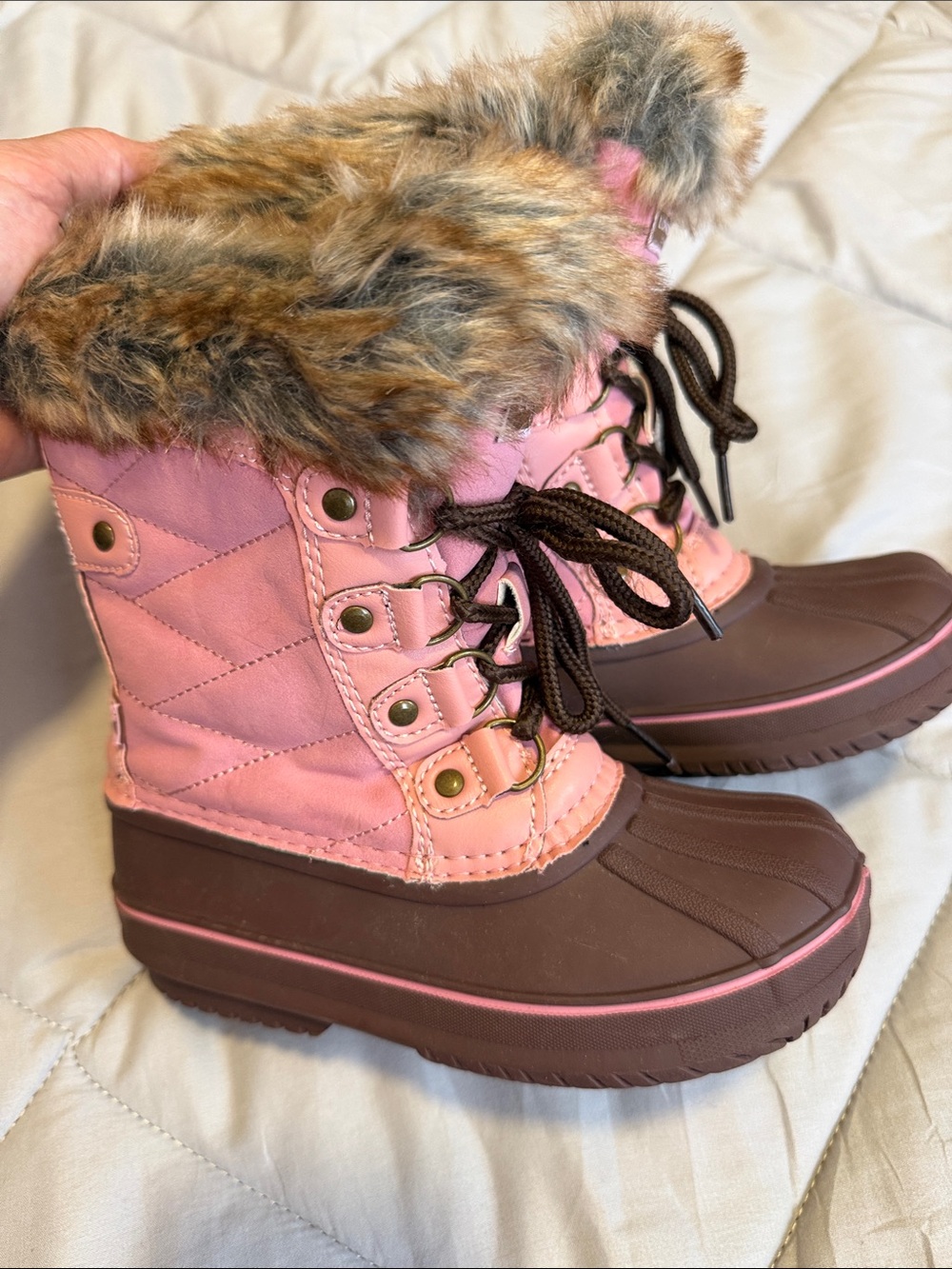 London Fog Pink and Brown Kids Snow Boots with Faux Fur Cuff